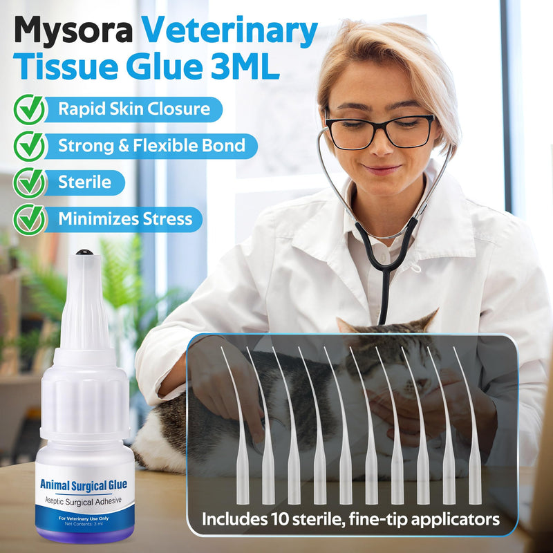 Veterinary Surgical Skin Glue, Strong Surgical Adhesive with 10 Precise Applicators, Blue Tinted Fast Acting Waterproof Wound Closure for Pets Dogs Cats, Pain Free & Stress Free(1 Pack,3ml) 1 3ml
