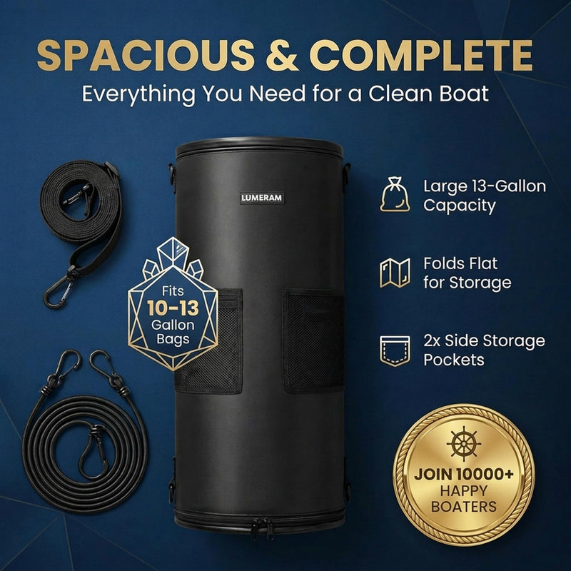 Premium Boat Trash Can with 2 Side Pockets and Bottom Zipper Opening — 100% Odor & Leak Resistant Boat Trash Bag, Easy to Install & Clean — Compatible with 10-13 Gal Garbage Bag
