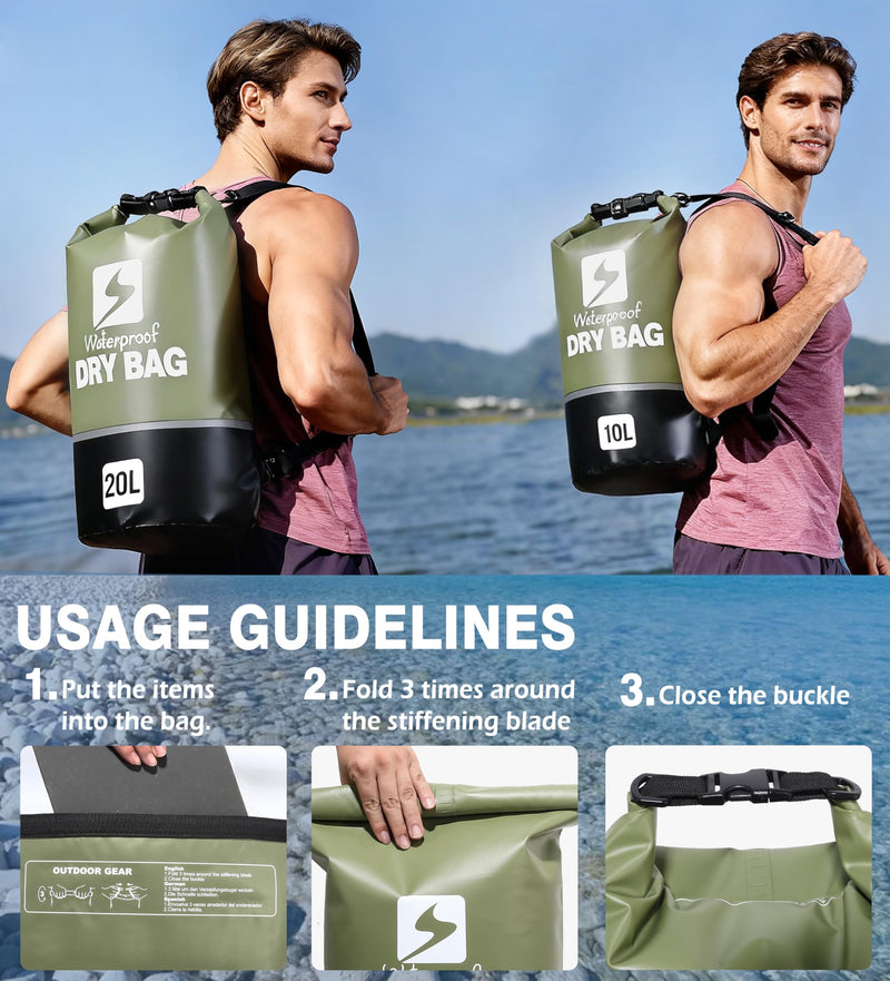 Soulsfeng Waterproof Dry Bag Roll Top Lightweight Dry Backpack for Boating, Kayaking, Travel, Beach, Swimming, Hiking & Camping - Floating Dry Sack with Adjustable Shoulder Straps 20L Green