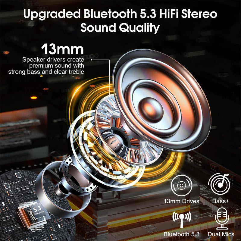 Bluetooth Headset V5.3, Wireless Headset with ENC Noise Canceling Mic | 120Hrs Talk Single-Ear Bluetooth Earpiece, LED Display, IP7 Waterproof Hand-Free Earphone for Business/Trucker/Driver Mysterious Black