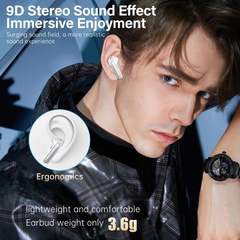 Wireless Earbuds, Bluetooth 5.3 Headphones HiFi Stereo 50H Playback LED Digital Display Ear Buds with ENC Noise Canceling Headset, IPX7 Waterproof Earphones for Gym/Running/Work（White） White