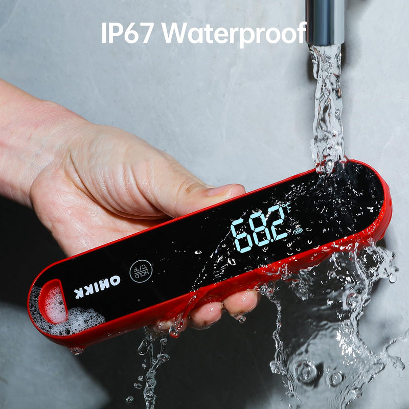 ONIKK Meat Thermometer Digital, 0.6 Sec Instant Read Food Thermometer, ±0.5℉ Accuracy, IPV7 Waterproof, Motion Sensing, for Cooking Grilling, Frying, Steak, Oven, Candy, Outdoor BBQ Accessories Black & Red