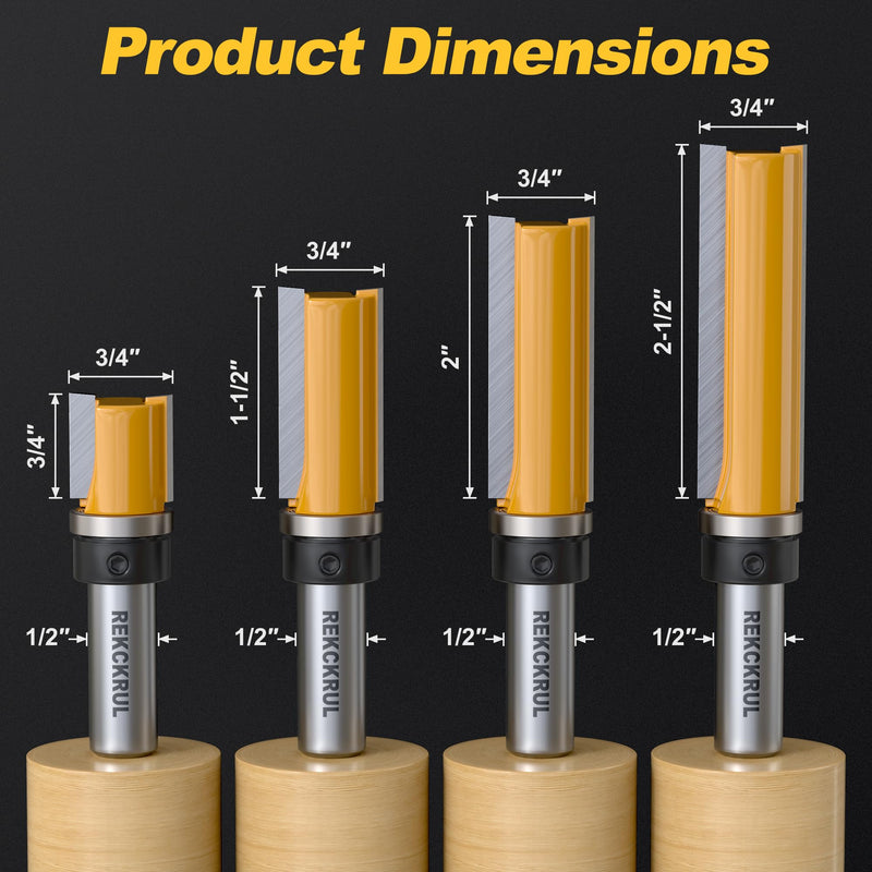 4Pcs Pattern Flush Trim Router Bits Set 1/2 Inch Shank Top Bearing | Carbide Tipped Woodworking Router Bits for Precision Edge Trimming, Cutting Length: 3/4", 1-1/2", 2", 2-1/2" 1/2" Shank 4Pcs