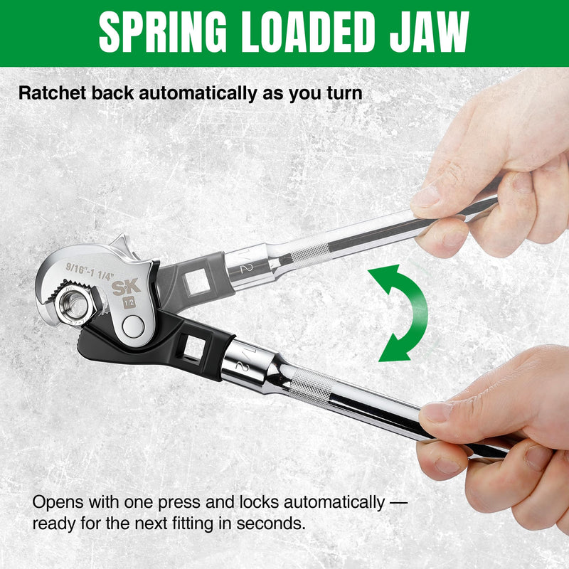 SK 3-Piece Adjustable Crowfoot Wrench Set, 1/4" & 3/8" & 1/2" Drive, Dual-Drive Ends Design, Spring Loaded Jaw with Serrated Teeth, 3/16" to 1-1/4", Premium CR-V Construction