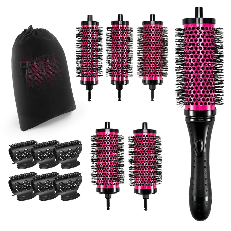  [AUSTRALIA] - Round Hair Brush Set Detachable Handle Hair Roller Brush 3 Sizes Round Hair Brush for Blow Drying with 6 Positioning Clips,6 Barrels 1 Handle (Rose Red) Rose Red