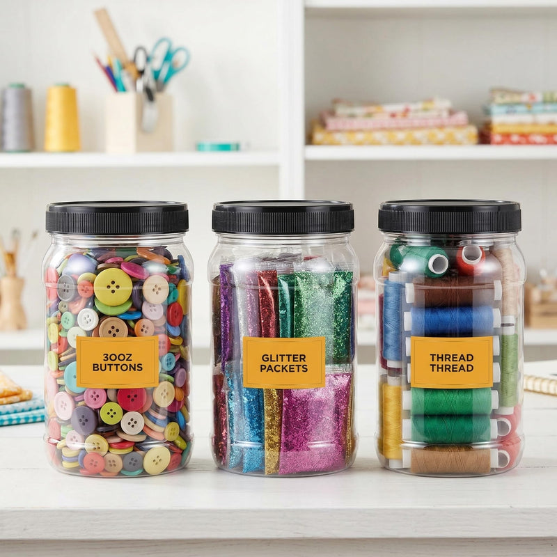 Fasmov 9 Pack 32 Oz Plastic Jars with Black Lids, Wide Mouth Clear Empty Plastic Storage Containers for Crafts, Dry Food, Peanut Butter, Honey and Jam Storage