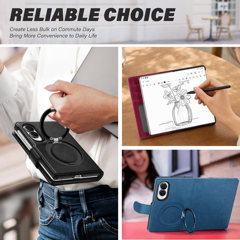 TUCCH Wallet Case with Ring Stand for Galaxy Z Fold8 (7.6") 2026, Black | 3 Card Slots, RFID Blocking, Adjustable Kickstand, PU Leather, PC Shell, Magnetic Closure, Folio Flip Cover