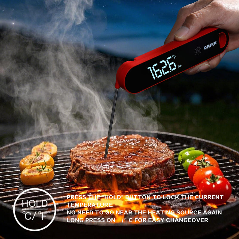 ONIKK Meat Thermometer Digital, 0.6 Sec Instant Read Food Thermometer, ±0.5℉ Accuracy, IPV7 Waterproof, Motion Sensing, for Cooking Grilling, Frying, Steak, Oven, Candy, Outdoor BBQ Accessories Black & Red