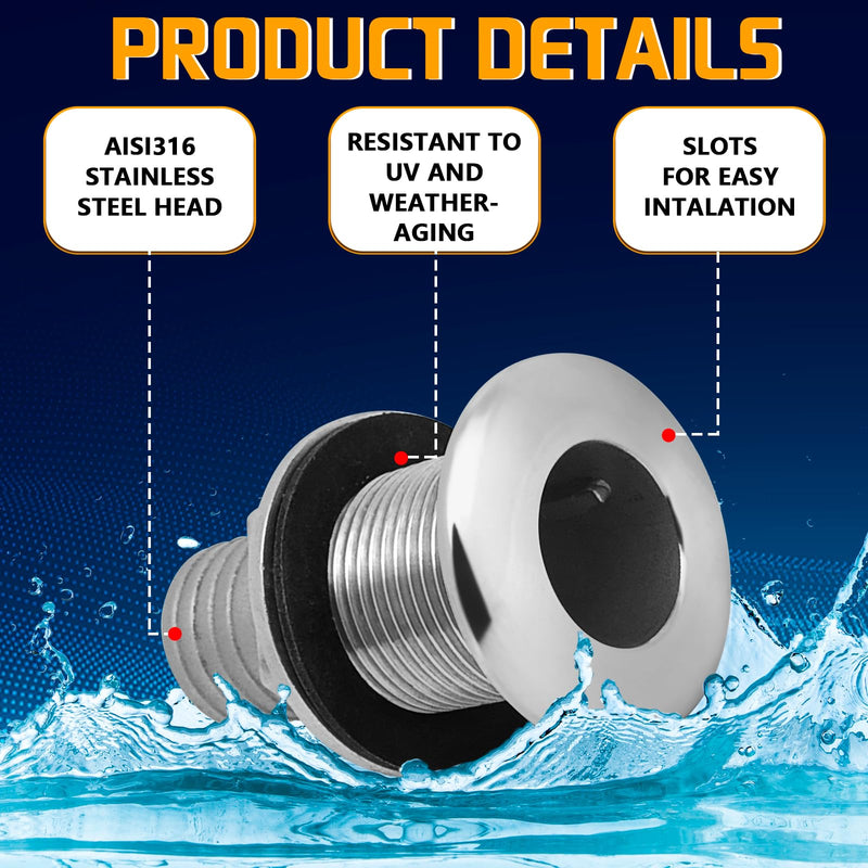 Thru Hull Fittings for Boats, Stainless Steel Yacht Through Hull Connecter with Straight Barb, Marine Barbed Hose Skin Fitting Drain for 3/4 inch I.D. Hose, 1 inch I.D. Hose 1'' ID