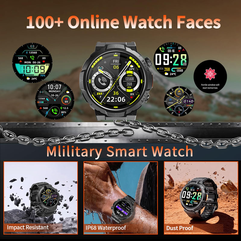Soudorv Military Smart Watch for Men, 50+ Day Battery Life, Bluetooth Call | 1.53" HD, 110+ sports modes, heart rate/sleep monitor, IP68 waterproof, Fitness Watch with LED Flashlight for iOS/Android Black