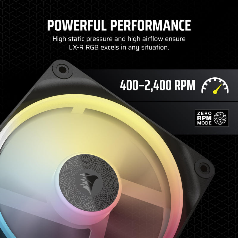 CORSAIR iCUE Link LX120-R RGB 120mm PWM Reverse Fan – Single Fan – Low-Noise, Magnetic Dome Bearing, Dual Light Loops, CORSAIR QuikTurn Screws, Zero RPM Mode – Black 1 x 120mm