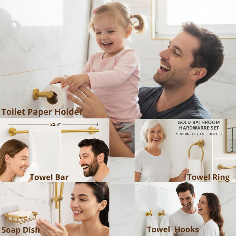 Brushed Gold Bathroom Hardware Set, 6 Piece Gold Bathroom Accessories Set, 24 Inch Towel Bar, SUS304 Stainless Steel, Towel Ring, Hooks, Toilet Paper Holder, Gold Towel Rack