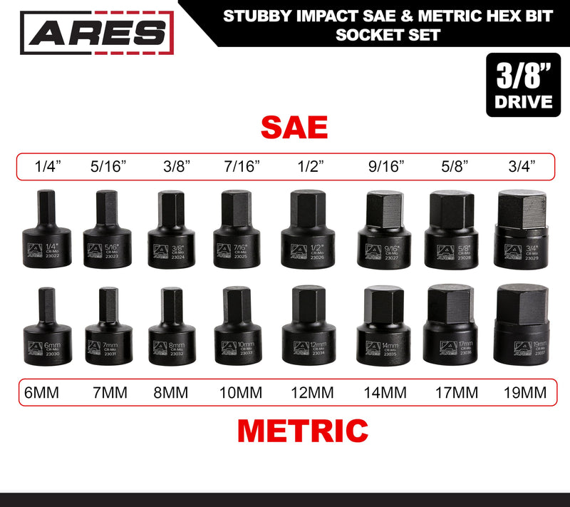 ARES 23021-16-Piece Stubby Impact SAE and Metric Hex Bit Socket Set - Chrome Moly Steel Construction and Manganese Phosphate Coating - Includes Storage Case - Designed for Impact Use Stubby SAE and Metric Impact Hex Driver Set
