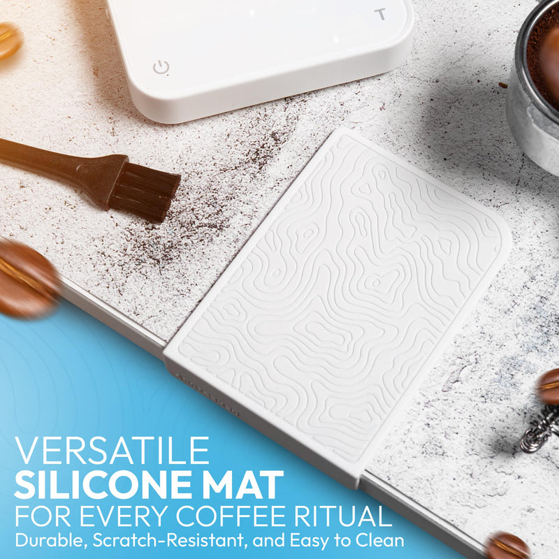 Mini Coffee Scale with Timer – Digital Barista Weight Scale with Designer-Patterned Tamper Mat, 0.1g High Precision, Portable & Rechargeable for Espresso, Pour Over, Drip, and Kitchen Brewing Use White