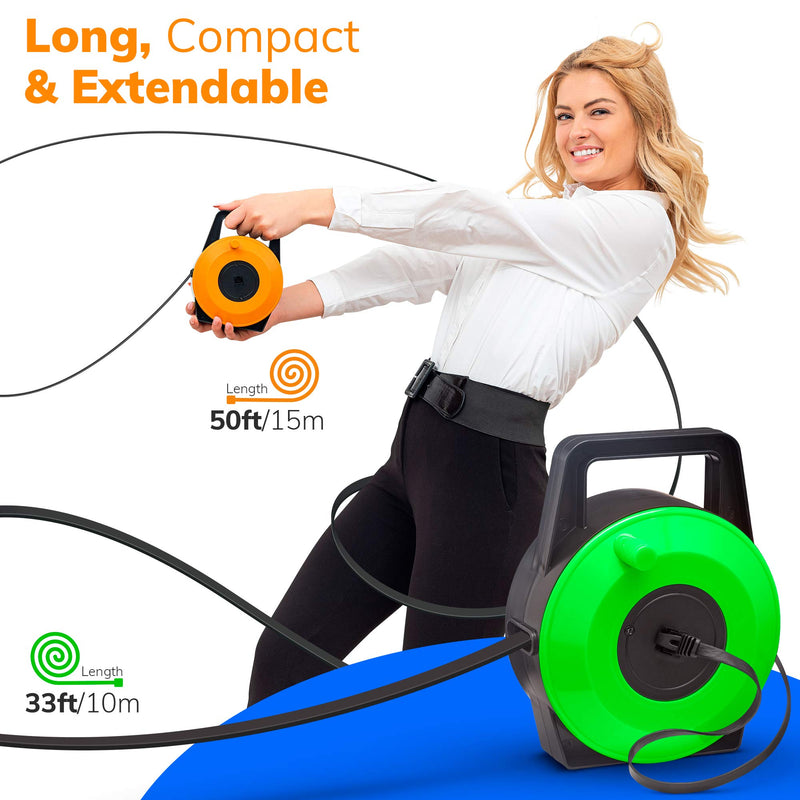 Retractable Network Cable Extender, 50 Feet CAT 6 Ethernet Cable Flat-Portable 1Gbps Data Speed-Swiftly Setup Temp Networks-Cascadable Male-Female RJ45 Connector-UTP Cable Reel Orange
