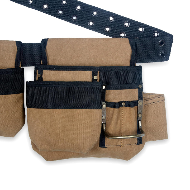 Style n Craft 4-Piece and 12-Pocket Carpenter’s Tool Combo, Tool Belt with 2 Tool Pouches, 1 Tape Measure Pocket, and 2 Metal Hammer Holders, Waterproof Canvas Tool Belt, Brown (97425) 4 pc 12 pocket carpenter's combo - canvas