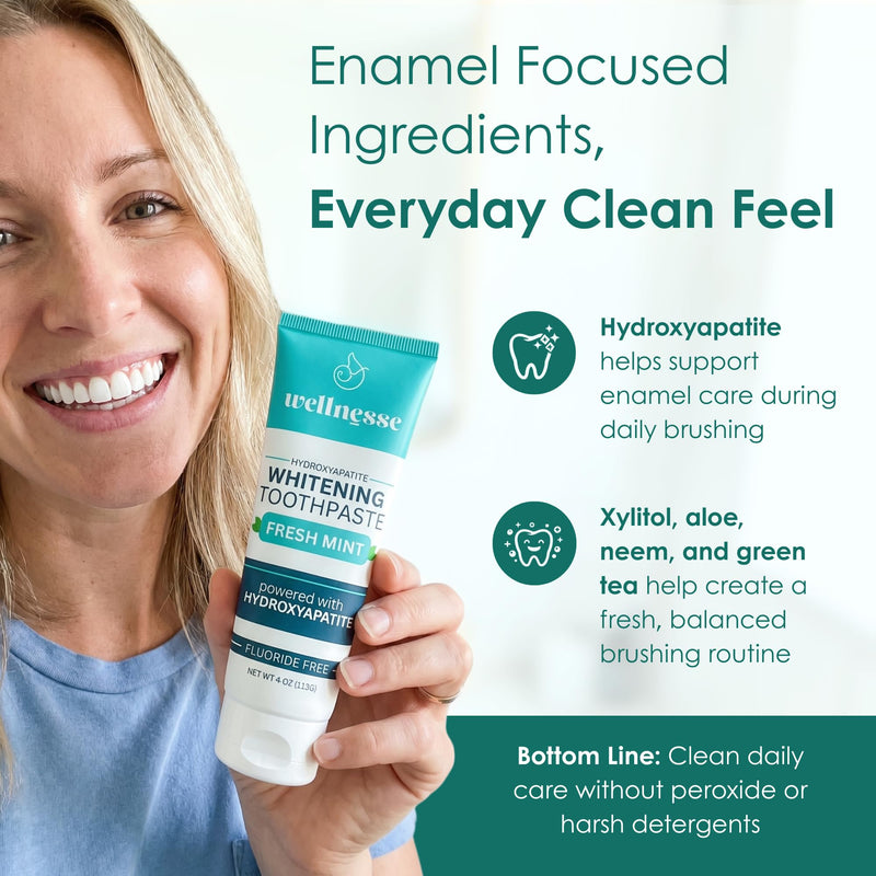 Wellnesse Hydroxyapatite Toothpaste, Fluoride Free, Whitening Toothpaste, Remineralizing Enamel Care, Xylitol Formula for Sensitive Teeth and Daily Oral Care, Fresh Mint, 4 Oz, Pack 3 4 Ounce (Pack of 3)