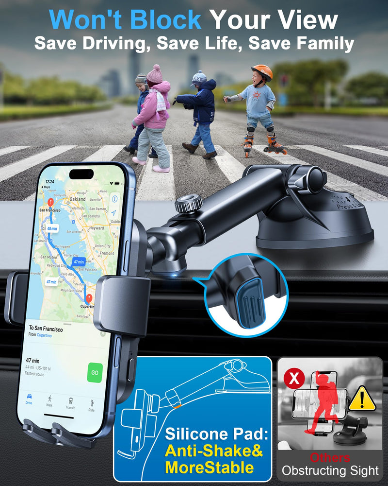 YRU [True Military-Grade Wireless Car Charger Mount, 15W Charging Auto Clamping Car Phone Holder [98+LBS Strong] Dashboard Windshield Vent Cellphone Holder for iPhone 17 16 15 Pro Max, Space Black