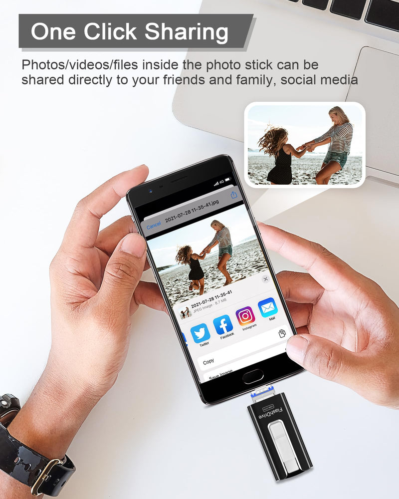 256GB USB Flash Drive for Phone and Pad, Photo Stick High Speed External USB Thumb Drives Photo Storage Memory Stick for Save More Photos and Videos (Black, 256GB) Black