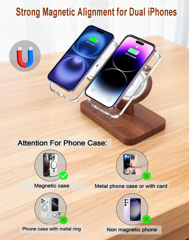 Compatible with Magsafe Dual Phone Charging Station for Apple Devices,Two Phone Wireless Charger for iPhone 17/16/15/14/13,AirPods & Apple Watch,Wood Charger Stand,Gift for Men Dad Boyfriend