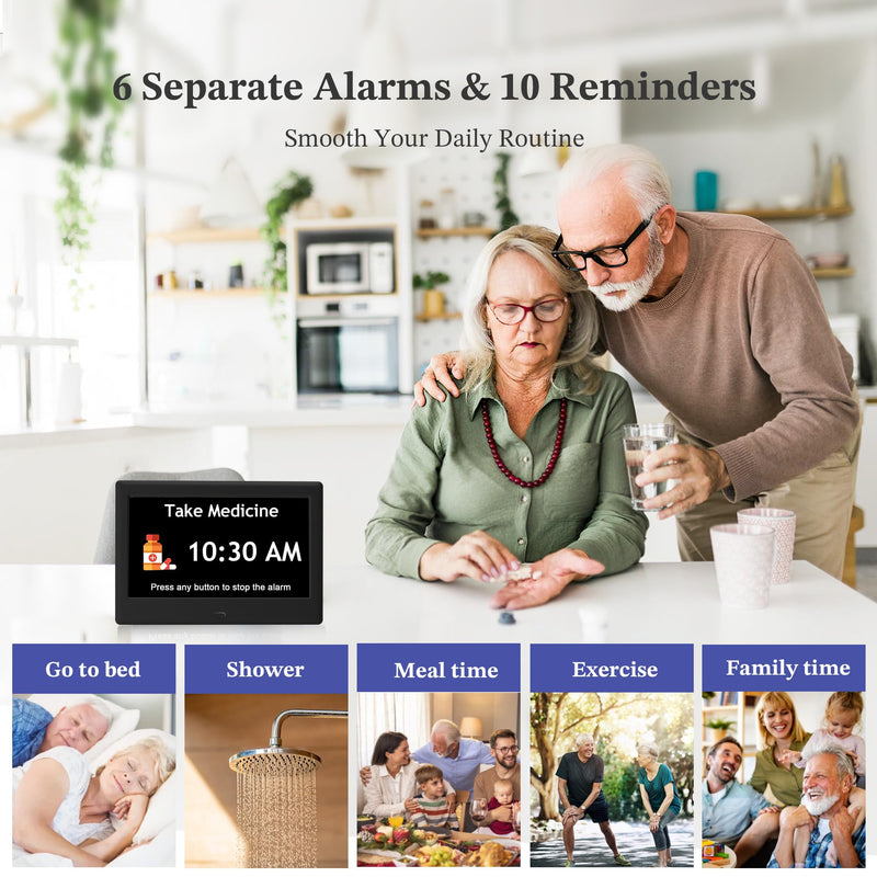 7'' Dementia Clock For Seniors, Large Display Digital Clock With Date, Time, Day Of Week for Elderly, Memory Loss, Alzheimer, 1024*600P HD, 10 Reminders & 6 Alarms, Auto Dimming & DST, Remote Control 7" Black