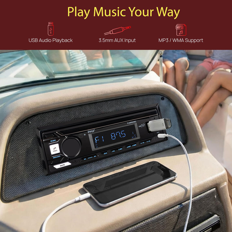 Pyle Marine Radio Stereo Receiver with Bluetooth MP3 Player - Single DIN Boat Audio System, AM/FM Tuner, USB/AUX Input, 30 Preset Stations, Hands-Free Calling, 350 W Power for Marine and Boat Use Charcoal