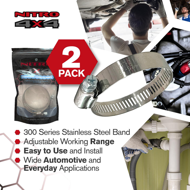 NITRO4X4 Stainless Steel Hose Clamps Set - 2 Adjustable Hose Clamp (1-1/4 to 2-1/4 Inch, 32-57mm) - Heavy Duty Radiator Hose Clamps for Fuel Line, Plumbing, Automotive, and Mechanical Applications