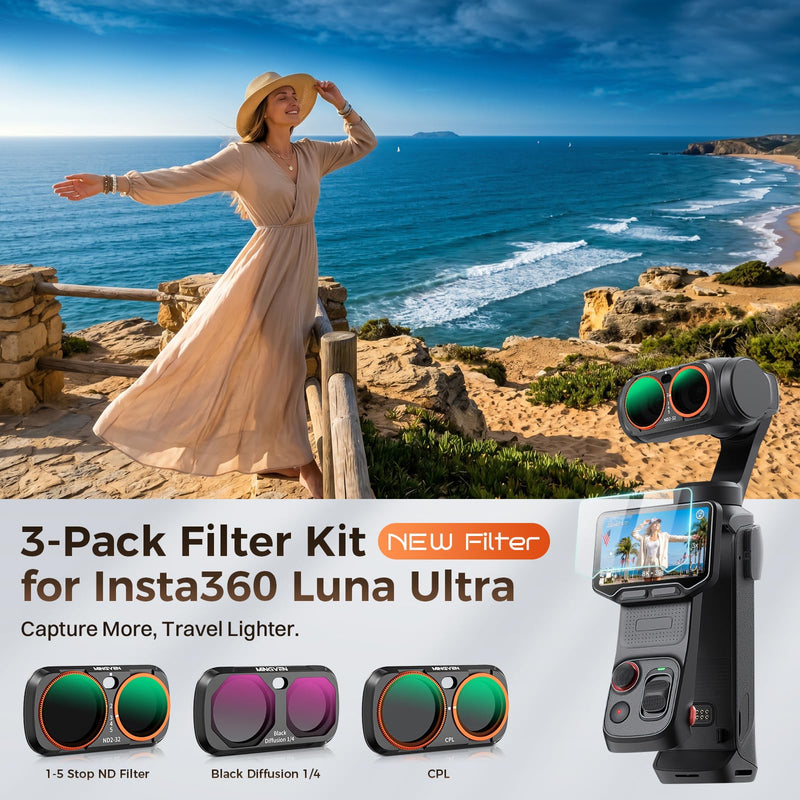 Luna Ultra ND Filter, 3 Pack - CPL, Black Diffusion 1/4, ND2-32 | Magnetic Lens Filters Set for Insta360 Luna Ultra, Multi-Coated Neutral Density, HD Optical Glass for Vlogging & Photography CPL + Black Diffusion 1/4 + ND2-32 + Wide-Angle Lens