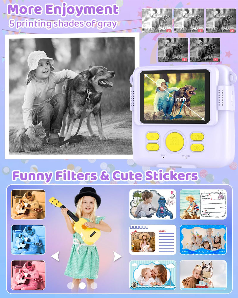 Instant Print Camera for Kids with 3 Rolls of Printer Paper, 1080P Toddler Digital Camera Toys for Age 3-12 with 32GB SD Card, Christmas & Birthday Gifts for 3 4 5 6 7 8 Year Old Girls & Boys (Purple) Purple