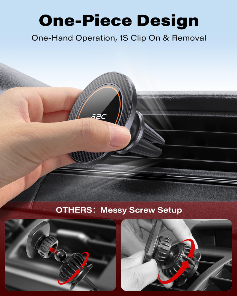 A2C for MagSafe Car Mount, One-Piece Magnetic Phone Holder for Car Vent | No Assembly,17 N54 Magnets,Silicone-Coated Metal Clips,One-Hand Operation,360°Adjustable Vent Phone Holder for Magsafe iPhone 1 Pack