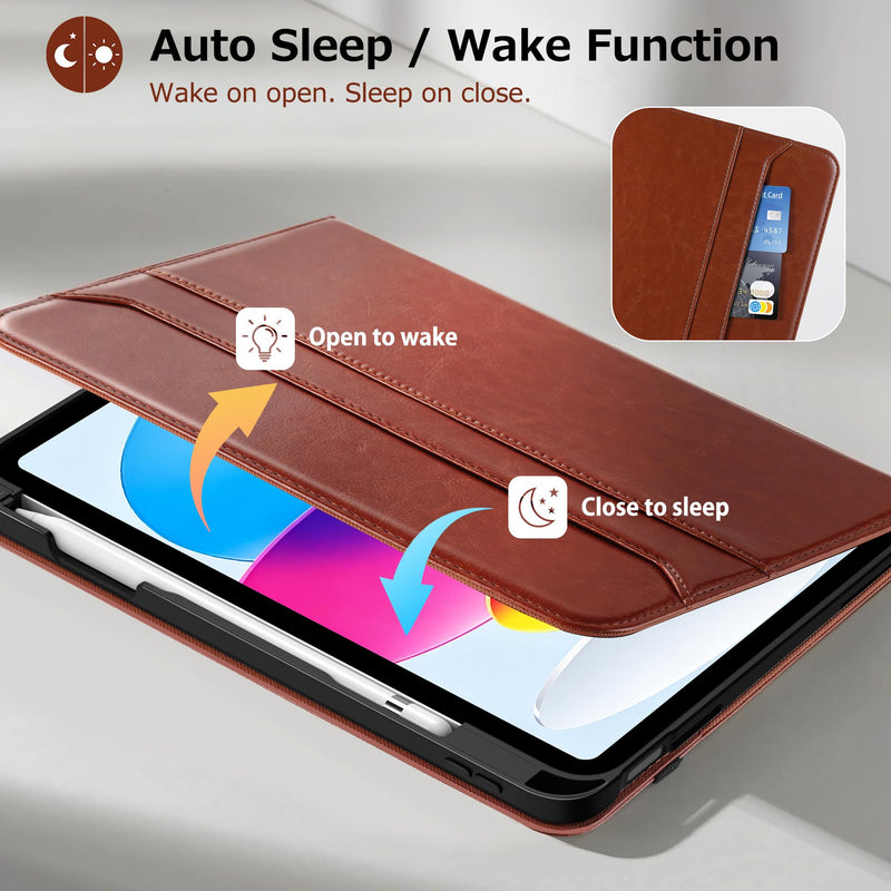 CACOE 360 Rotating Case for iPad 11th/10th Gen(2025/2022, 10.9") | Protective Cover with Pencil Holder, Auto Sleep Wake, PU Leather Folio Stand Protective Cover for iPad A16 Case, Brown