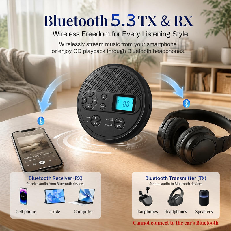 Portable CD Player with Bluetooth, FM Transmitter, USB, AUX, Timer | Rechargeable CD Player with Anti-Skip, Stereo Speakers, LCD Display, Includes Headphones for Use at Home or in Car, Black