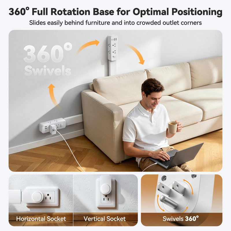 Outlet Extender Stick, 360° Rotating Wall Outlet Expander with 22-35" Extendable Base, 10-in-1 Power Strip Stick with 6 AC Outlets, 4 USB Ports (2 USB-C), Flat Plug for Behind Couch, Home, Office