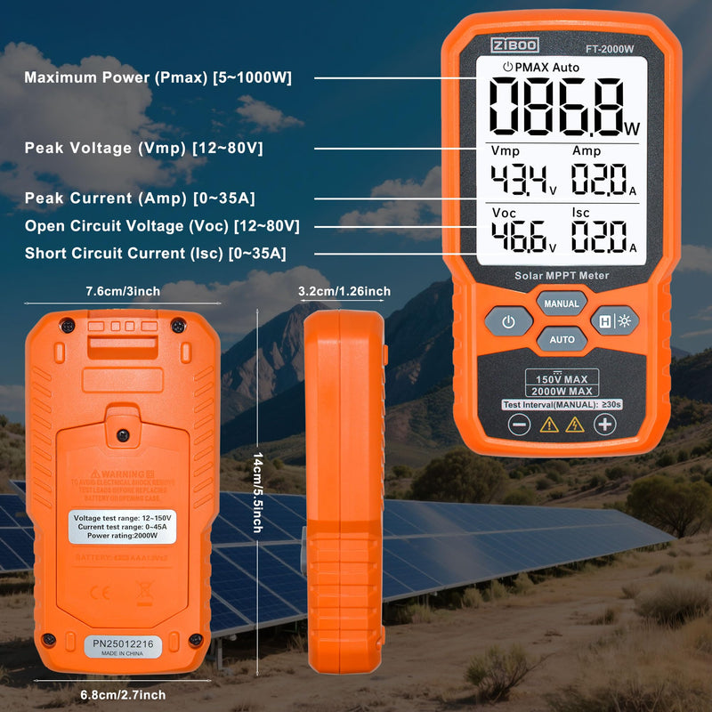 ZIBOO FT-2000W Solar Panel Tester MPPT Meter - 2000W Max Power, 150V/35A PV Module Tester for Voc/Isc, Open Circuit Voltage & Short Circuit Current, with Backlight & Data Hold