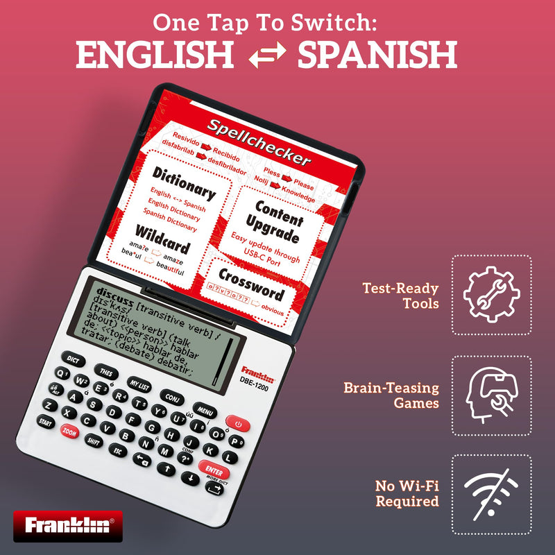 Franklin DBE-1200 Bilingual Electronic Dictionary – English-Spanish, Spanish English Digital Dictionary, Translator, Phrasebook, Spell Checker, Portable Device with LCD Screen Red DBE1200