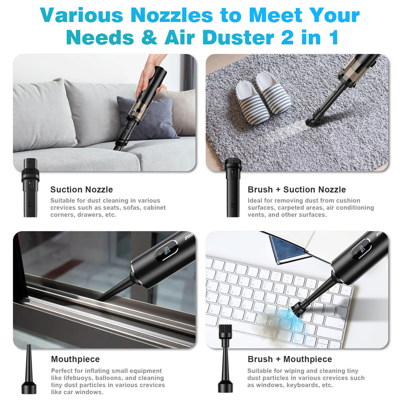 Handheld Vacuum Cordless, Upbooz Portable Car Vacuum, 14000PA Powerful Suction Vacuum Cleaner with LED Light and Air Duster 2 in 1, Low Noise Rechargeable Mini Hand Held Vacuum for Car Home Pet Office Black
