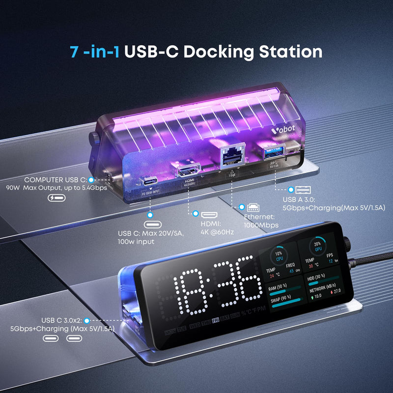 Laptop Docking Station (7-in-1), Docking Station with Screen, Multiple Built-in Apps, USB C Dock with HDMI 4K@60Hz, 90W Max Power Delivery, 1 Gbps Ethernet, USB C Hub for Mac/Dell/HP black grey