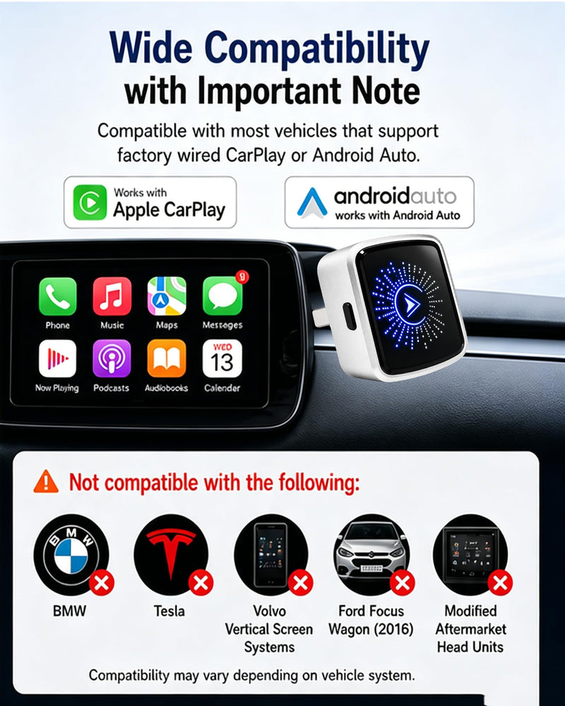 2-in-1 Wireless CarPlay Android Auto Adapter for Factory Wired Carplay Cars | One-Tap Phone Switch, Plug & Play USB-C/A Dongle, 5GHz WiFi BT5.4, Fast Auto Reconnect, Extension Cable, Not for BMW Tesla Black