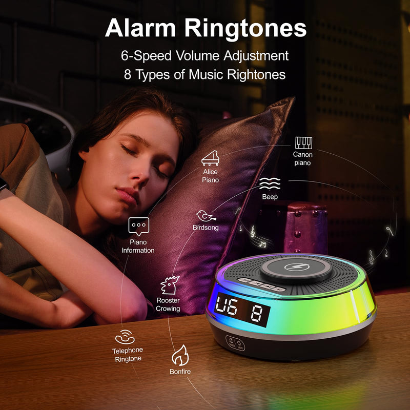 Wireless Charger Alarm Clock for Bedroom, 5W Bluetooth Speaker, 12 Soothing Sounds Machine, Dual Alarms, RGB Light, Ideal Gift for Heavy Sleepers, Adults, Teens, Kids, Senior(Black)