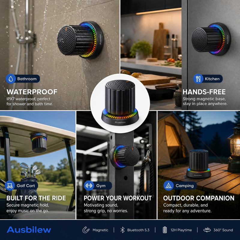 Magnetic Shower Speaker with Smart Rotary Knob Control, Bluetooth 5.3 Waterproof Speaker with Suction Cup & Magnetic Mount, IPX7 Portable Speaker, RGB Lights, Deep Bass for Bathroom, Pool, Kitchen black out