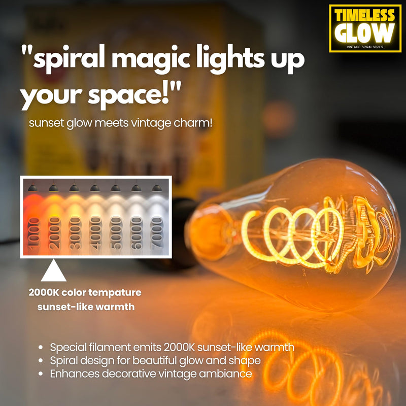 TimelessGlow ST19/ST64 Edison LED Bulbs, Dimmable, 40W Equivalent, 5W, 2000K Warm Amber, CRI80+, E26 Base, Flicker-Free, Spiral Filament, Cozy Decorative, ETL/FCC Certified (8 Pack) 8