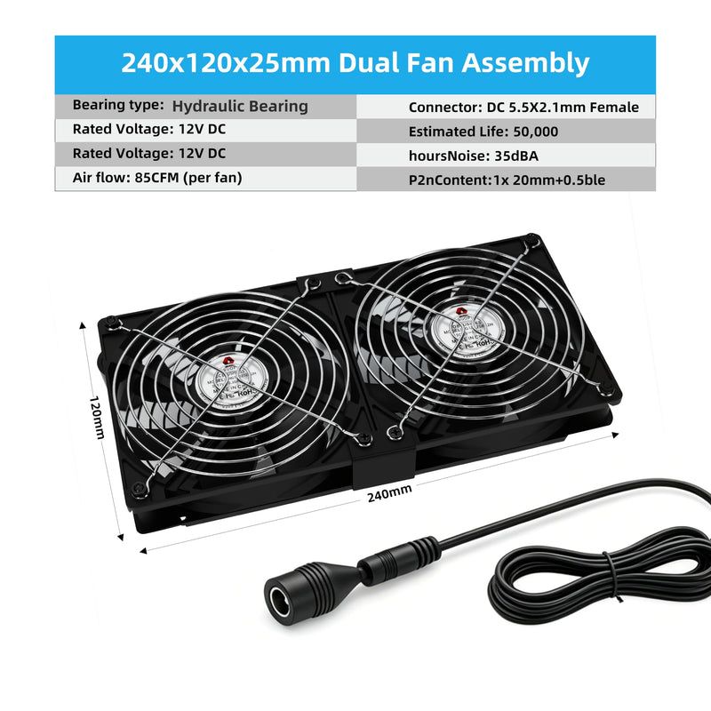 2 Pack 120mm Cabinet Cooling Fan, 166 CFM High Airflow Hydraulic Quiet Fan with Variable Speed Controller, AC 100-240V Plug & Play for Server Rack, Cabinet, NAS, Router, Greenhouse