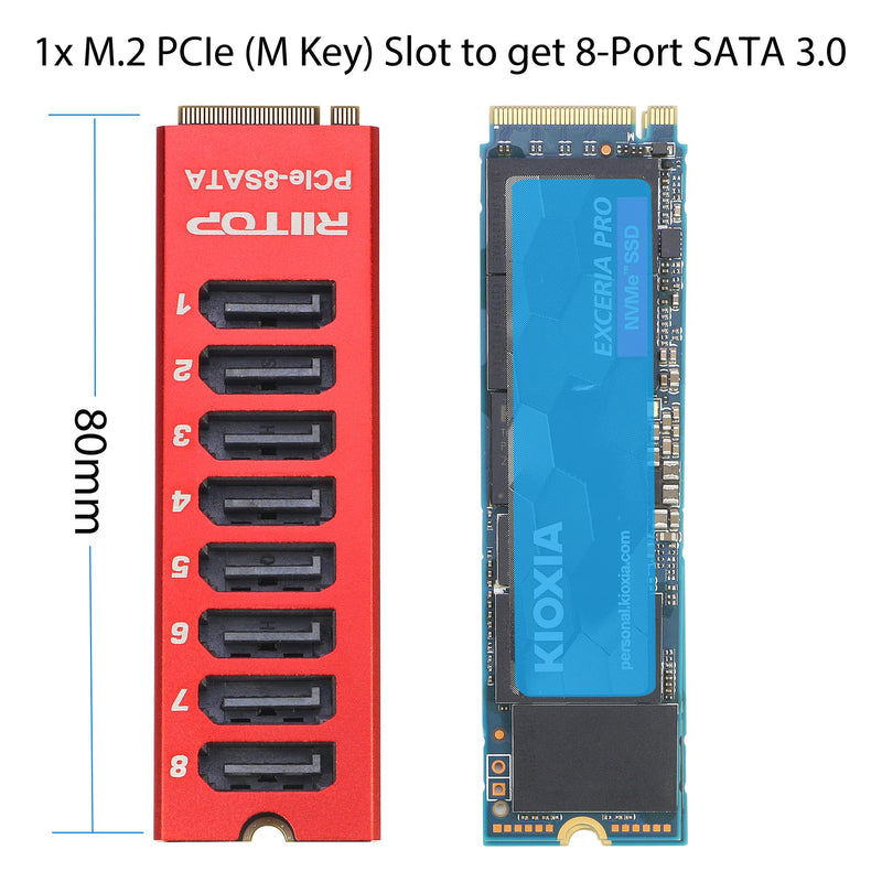M.2 to SATA Adapter [8 Port], M2 NVMe to SATA 3.0 Card with Aluminum Housing for SSD/NAS up to 6Gbps