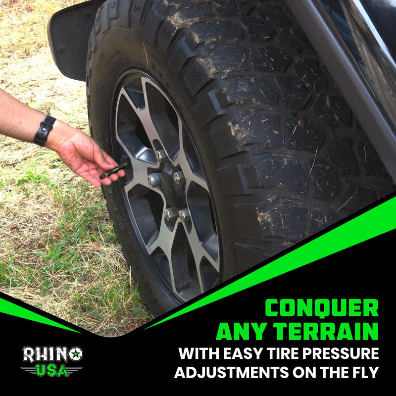 Rhino USA Adjustable Tire Deflator Kit (10-30 PSI) Ultimate Screw-on Automatic Tire Deflators for Offroad - Quick & Easy Air Down System for The Trails - Best Jeep Off Road Accessories (4-Pack) -Black Black