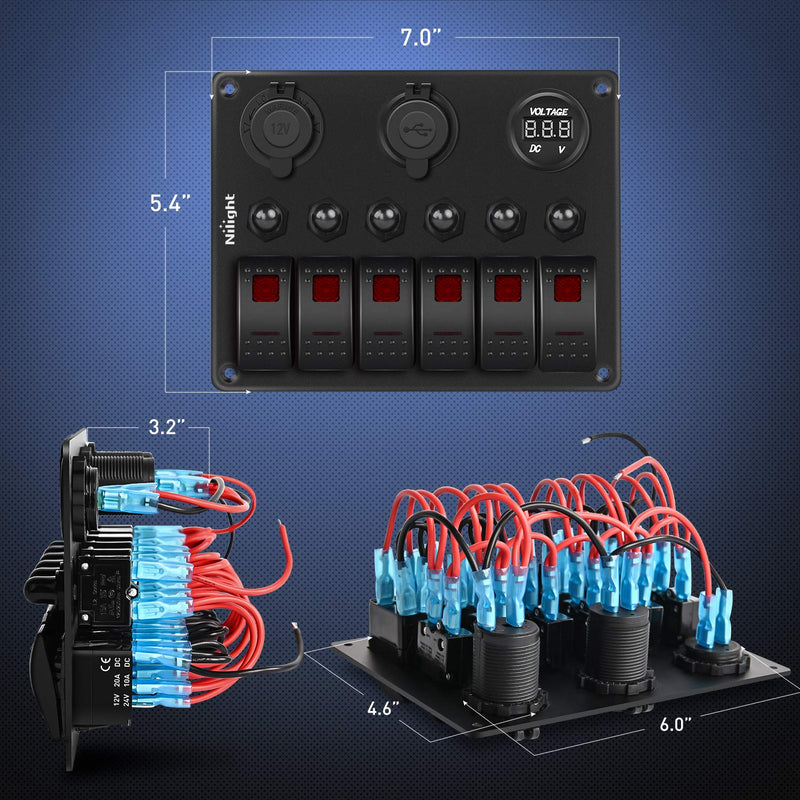 Nilight 6 Gang ON Off Rocker Switch Panel Red Backlit 12V 24V LED Digital Voltmeter 3.1A Dual USB Charger Cigarette Lighter Socket Overload Protection Switch Panel for Cars RVs Boats (90122F)