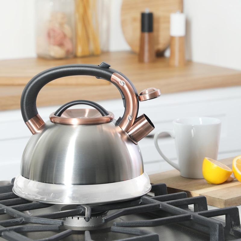 Mr. Coffee Flintshire 2.2 Quart Large Whistling Stainless Steel Tea Kettle - Brush Stainless Steel W/Copper Brushed Stainless w/ Copper 2.2 Quarts