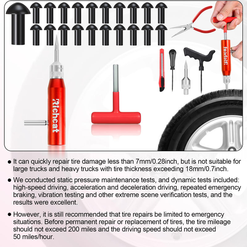 Richcat Tubeless Tire Puncture Repair Kit with Mushroom Plug, Repairs punctures and Flat Tires for Motorcycles, Cars, Trucks, ATVs and Tractors 15Plugs Kit