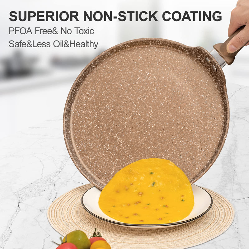 Innerwell 11 inch Nonstick Crepe Pan, Granite Coating Flat Skillet Dosa Tawa Tortilla Pan, Large Pancake Griddle Comal Pan, Compatible with All Stovetops, PFOA Free Gold