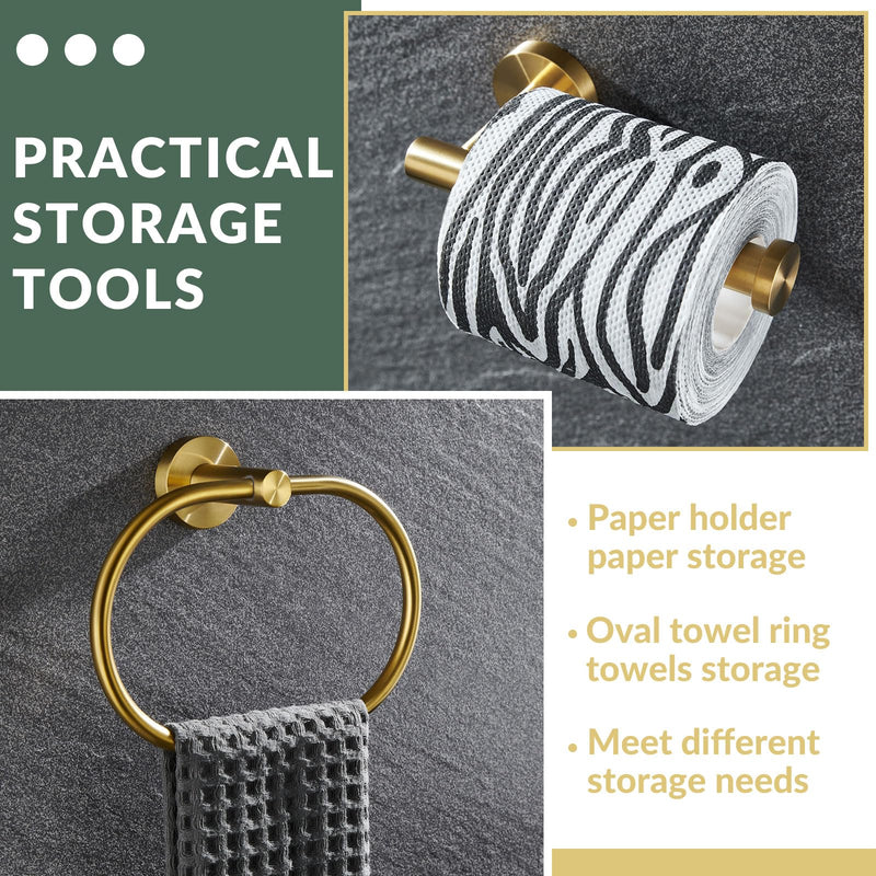APLusee 2 Pieces Bathroom Hardware Set Brushed Gold, Contemporary 304 Stainless Steel Storage Accessories Kit with Oval Hand Towel Ring, Toilet Paper Holder Wall Mounted Brushed Gold Oval Shape