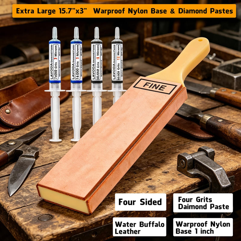 4-Sided Leather Strop with Diamond Polishing Compound, Extra Large 15.7"x3", Thickened Water Buffalo, Stropping Kit for Chef's Knife Sharpening and Woodworking-Chisel/Plane Honing Mirror Edge